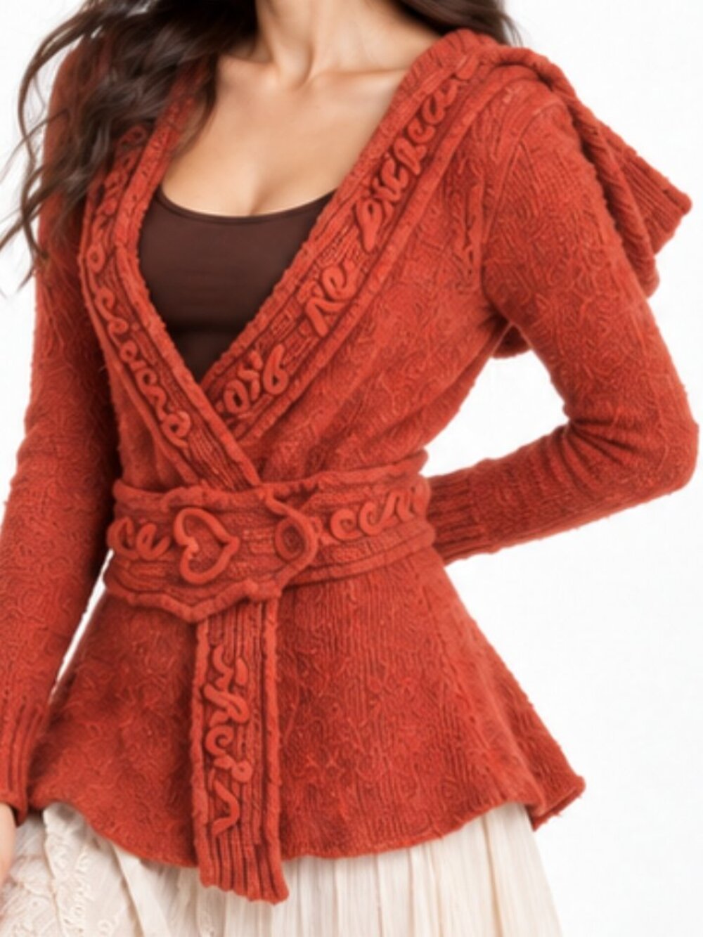 Anthropologie Sleeping on Snow Rust Wool Hooded Belted Cardigan Loops Angles